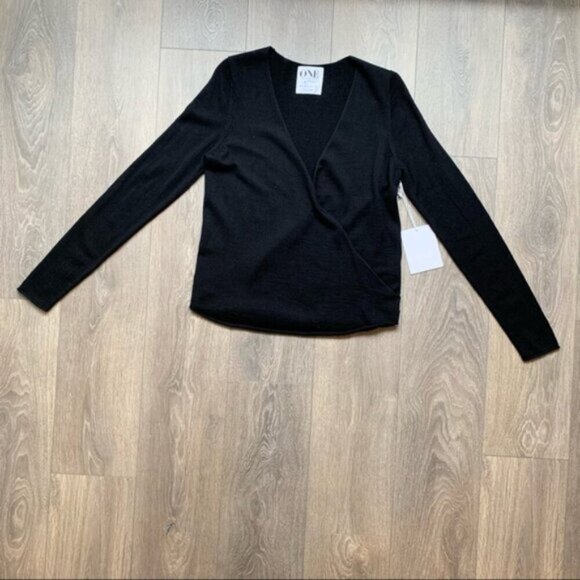 One Teaspoon Women's Sweater Merino Wool Deep V Wrap Surplice neckline Black XS - Picture 3 of 13